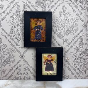 Vintage Folk Art 2 Miniature Painting Signed Annie B Giblin Angel Crow Sunflower